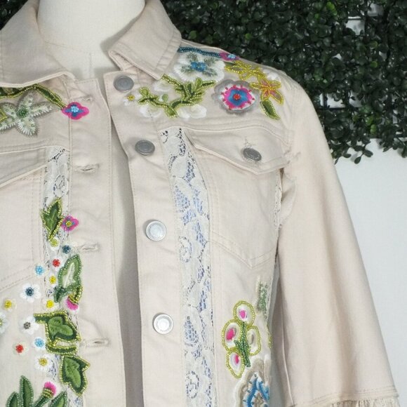 Vintage Boston Proper Small Beaded Floral Embroidered Denim Jacket Lace Cuffs - Picture 4 of 15